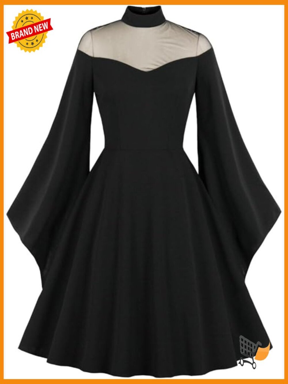 Mesh Long Sleeve Swing Dress with Illusion Panel for Wedding Guest Evening Party